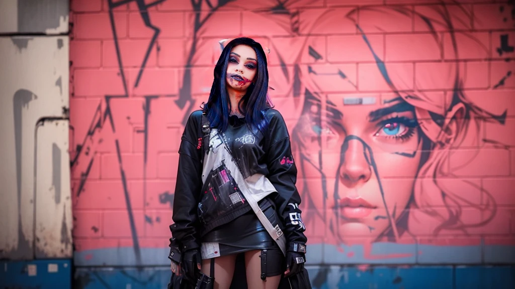 Beautiful woman medium hair, wearing cap, roupas curtas estilo cyberpunk