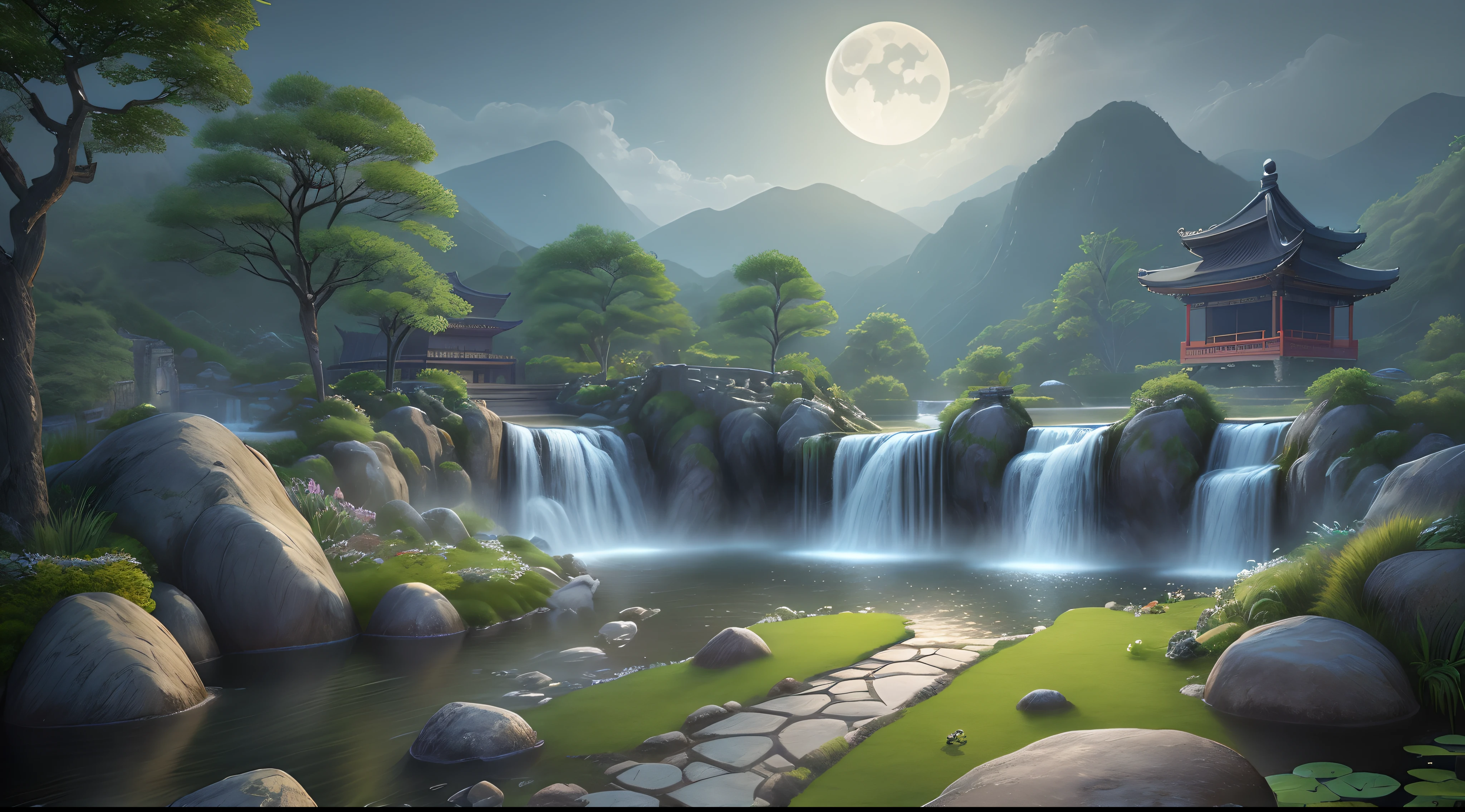 Ancient Chinese architecture, moon, Midnight, garden, bamboo, lake, stone bridge, rockery, arch, corner, wood, water flowing, landscape, Outdoor, waterfall, Grass, rock, Water Lily, hot spring, water vapor, (figure: 1.0), A magnificent composition, Realistic lighting, HD detailed, masterpiece, highest quality, (Highly detailed CG Unity 8k) - At six o'clock