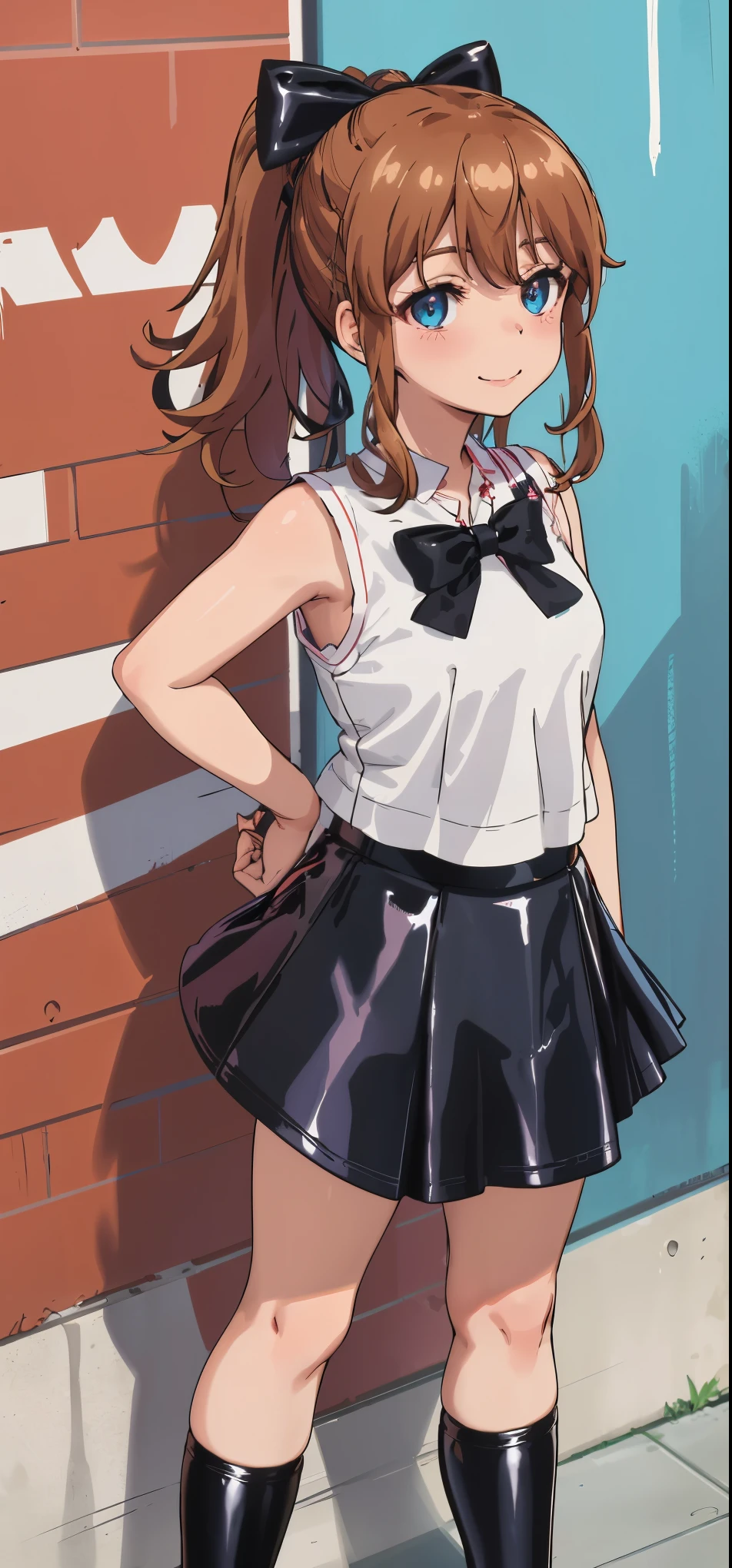 best quality, (masterpiece:1.2), highly detailed, standing, street,
1girl, solo, akatsuki minami,
looking at the viewer, closed mouth, smile, slight blush,
blue eyes, brown hair, ponytail, hair bow, sleeveless, ((dominant girl, latex skirt, latex shirt))