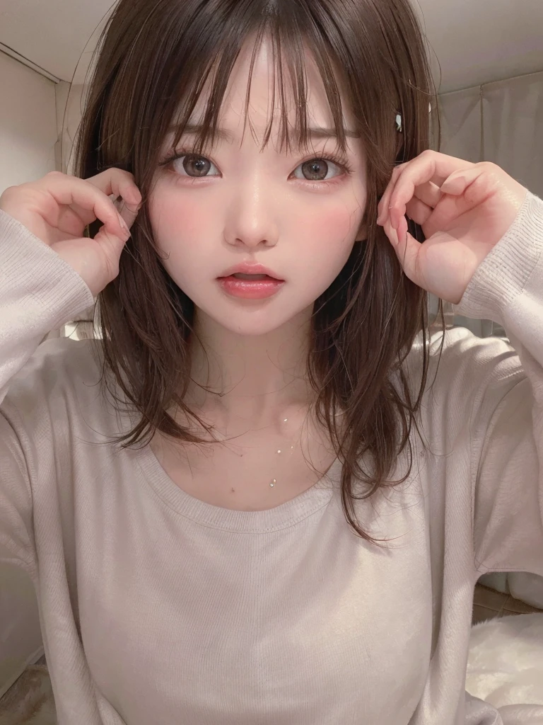 ((8k, RAW Photo, Best Quality, Masterpiece: 1.3),((highest quality)), ((masterpiece)), ((Perfect Face))、21 years old,、Brown Hair、orgasm、blushed、Sweaty all over、Ahegao、Sweatshirts、Sweat pants、at home、Open your mouth wide、Sticking out tongue、Close ~ eyes、On knees、Looking into the camera from below、The camera is angled from the ceiling.、