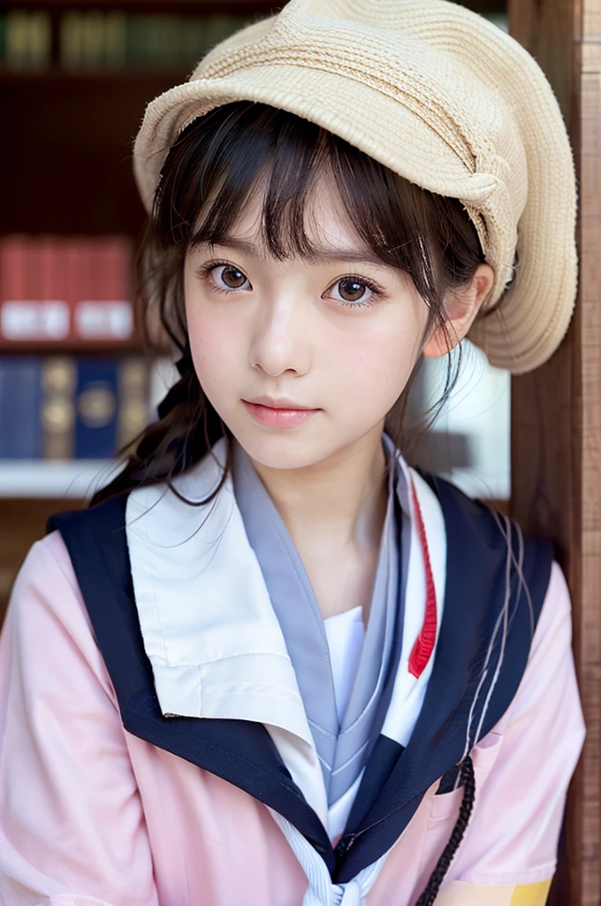 beautiful detail, best quality, 8k, highly detailed face and skin texture, high resolution, cute japanese in sailor suit at library, sharp focus