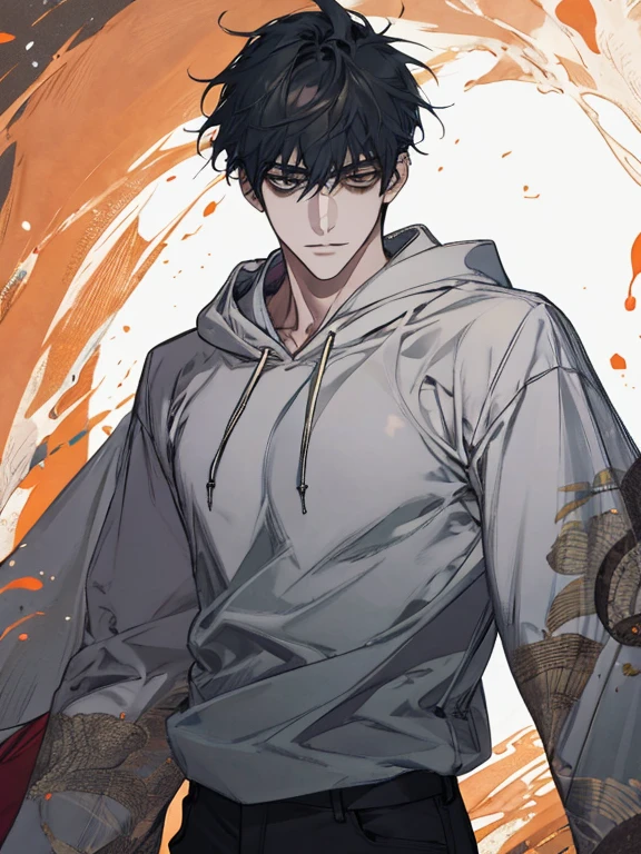 Top Quality, Masterpiece, High Resolution, 8k, Hoodie and Anime Style boy, One boy, Detailed Line Art, Bright White and Bright Amber Style, Digital Enhancement, Close Up, Anime Core, Flowing Fabric, horny male, (masterpiece, best quality:1.2), cowboy shot, solo, 1boy, horny, closed mouth, looking at viewer, brat, male japanese with slightly undone shirt