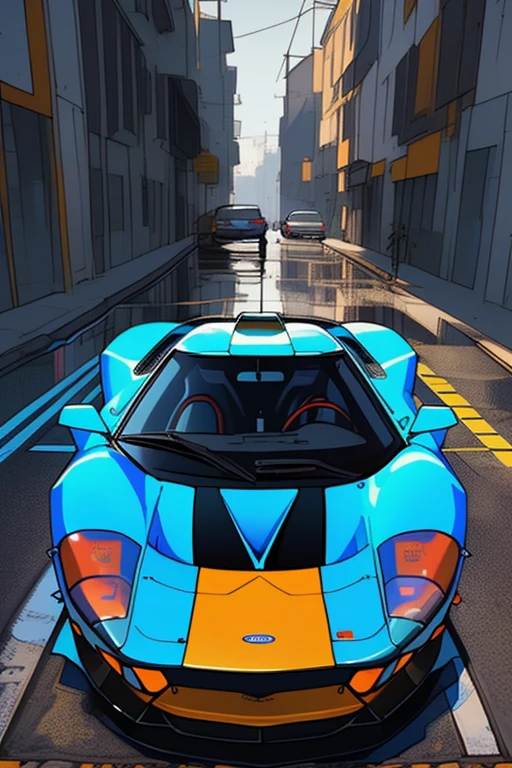 (obra de arte)+, (melhor qualidade)+, (detalhe intrincado)+, ford GT40, Tinta branca com realces de efeito laranja, conceito de showroom, Reflexo de lente, camera artifact, Fotografo profissional, 4K, HDR, simetria longitudinal