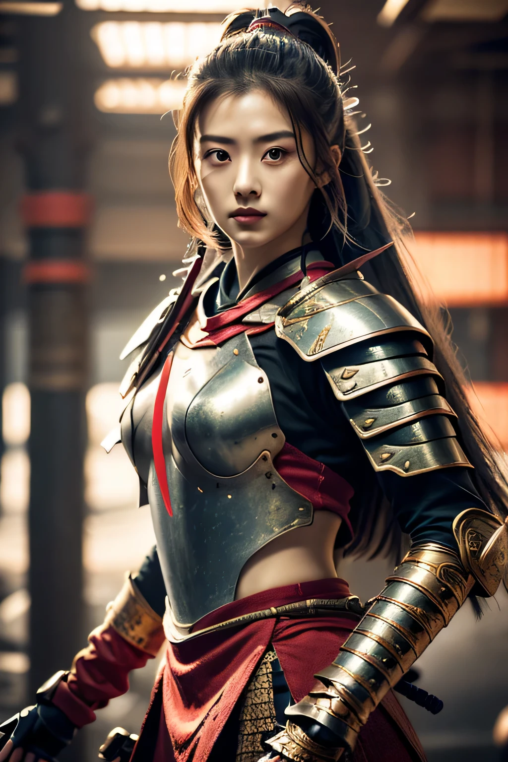 ulzzang-6500-v1.1,(Masterpiece, BestQuality:1.3),(Top image quality,8K,​masterpiece:1.3),Realistic high-quality photos, Cinematic Light, Photorealistic, Super beauty、(femele ninja:1.3), Extremely agile warrior, fitness, intricate-detail, Red Ninja Costume, two swords, Japanese 20 year old girl, (Large Brest:1.3)