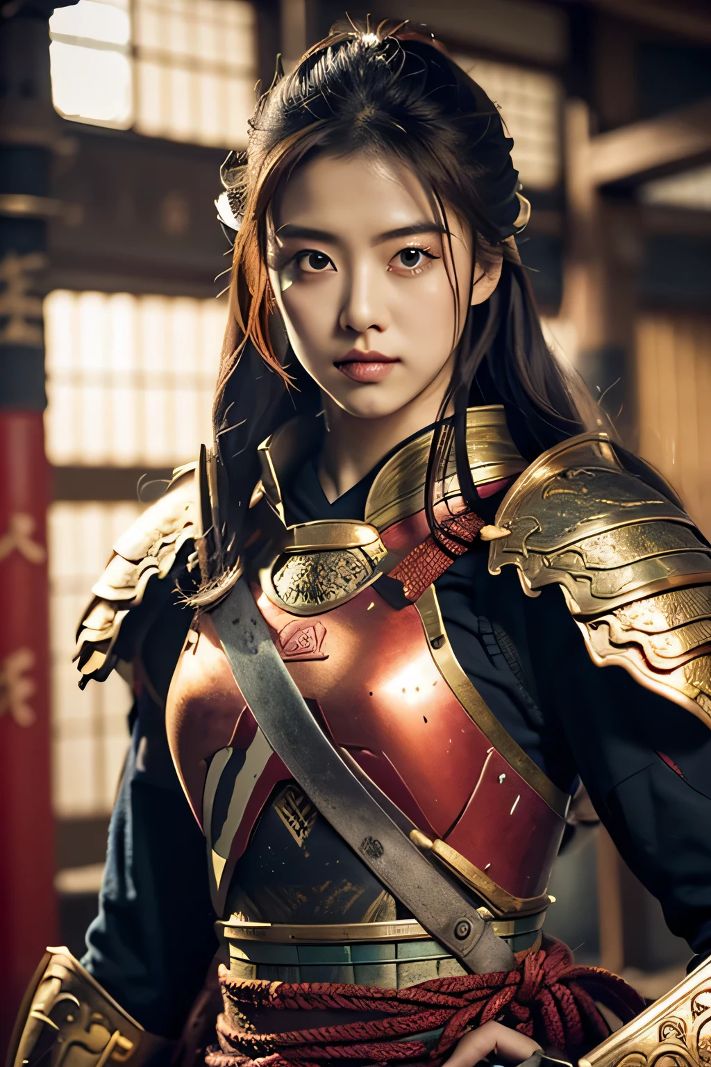 ulzzang-6500-v1.1,(Masterpiece, BestQuality:1.3),(Top image quality,8K,masterpiece:1.3),Realistic high-quality photos, Cinematic Light, Photorealistic, Super beauty、(femele ninja:1.3), Extremely agile warrior, fitness, intricate-detail, Red Ninja Costume, two swords, Japanese 20 year old girl, (Large Brest:1.3)