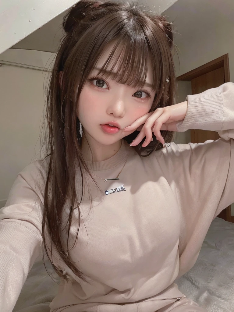 ((8k, RAW Photo, Best Quality, Masterpiece: 1.3),((highest quality)), ((masterpiece)), ((Perfect Face))、21 years old,、Brown Hair、orgasm、blushed、Sweaty all over、Ahegao、Sweatshirts、Sweat pants、at home、Open your mouth wide、Sticking out tongue、Close ~ eyes、On knees、Looking into the camera from below、The camera is angled from the ceiling.、