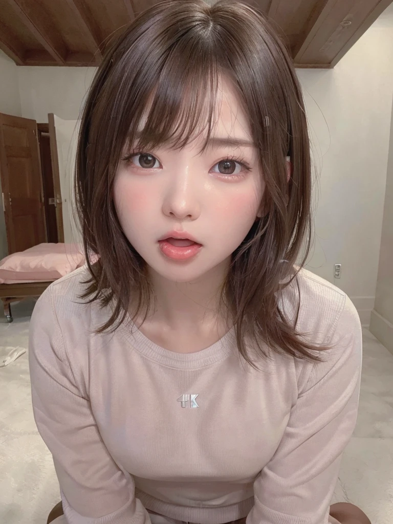 ((8k, RAW Photo, Best Quality, Masterpiece: 1.3),((highest quality)), ((masterpiece)), ((Perfect Face))、21 years old,、Brown Hair、orgasm、blushed、Sweaty all over、Ahegao、Sweatshirts、Sweat pants、at home、Open your mouth wide、Sticking out tongue、Close ~ eyes、On knees、Looking into the camera from below、The camera is angled from the ceiling.、