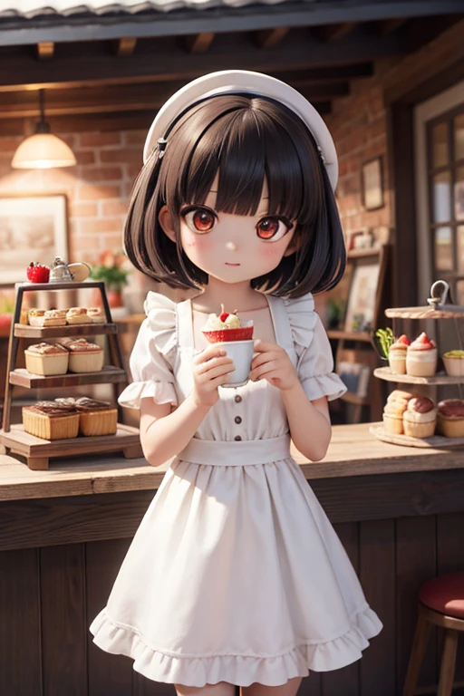 (masterpiece), highest quality, High resolution, Very detailed, Detailed Background, Perfect lighting, Outdoor, One girl, , short hair, Black Hair, Blunt bangs, Cafe, strawberry_Shortcake