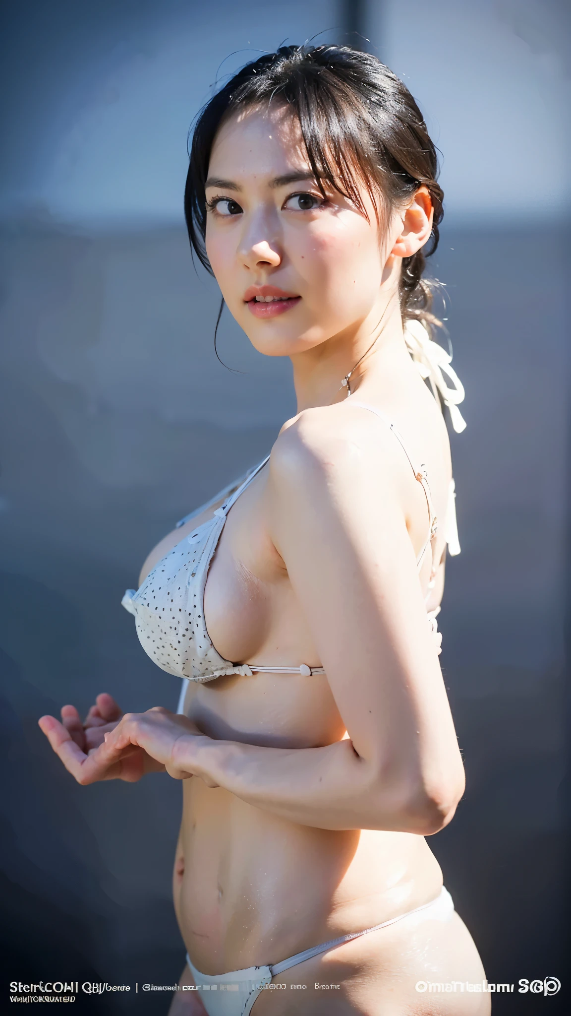 "((highest quality,16k,High resolution,masterpiece:1.6)),ultra-detailed,(Realistic,photoRealistic,photo-Realistic:1.6),20-year-old,whole body, ((She is glaring at the camera:1.6)),((Place your arms behind your head and show your sides.:1.5)),(( White Micro Bikini:1.6)),beautiful detailed face,detailed, Thin waist and thick hips,Very beautiful and healthy girl,fit pic, Cottagecore!! Fitness Body, Amouranth, Beautiful face with arms and legs, better known as Amouranth,,((Beautiful background blur))、Soft studio lighting,((Delicate artwork dark grey background))、((A beautiful figure that stands out against a dark background))、((Anatomically correct fingers of the hand))、((Correct Number))、 Soft