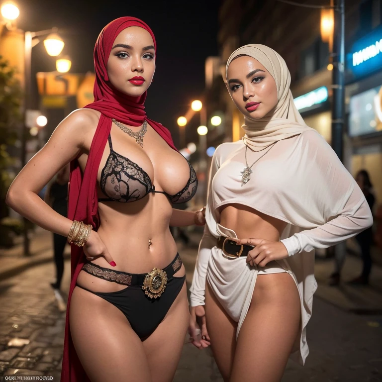 Group of Malaysian girls wearing bikini with hijab ,malay, The whole body consists of a young girl with hijab, Eye makeup, 21yo, Cat ears, Soft lighting, Solo, Wear shabby clothes, Dirty, Tattered futuristic military uniform, Cat's paw badge, Pose, spot color, rendering by octane, Ultra-realistic intricate details, Cinematic, 8K resolution, 70mm, emphasis lighting's (((2 girls:1.5, girls standing))) Setting background: Basquiat graffiti wall background,Graffiti artist, urban walls, spray paint cans, bold colors, rebellious strokes, street gallery, artistic , night shadows, public expression, aerosol mastery, layered stencils, cultural messages, graffiti tags, creative risks, vibrant visuals, underground recognition, impactful designs, urban transformation. Art by Mschiffer (((Sexy smile))), (((Full body model pose))) (((Red lips))) (((wearing a Sexy belt design by LV))) bride very fit physique (38D breast:1.3) , (((Woman with hijab style, modern hijan)), (lace stockings), (((Wearing: diamond necklace and earrings))). RAW photo, full sharp, detailed face (high detailed skin:1.2), 8k uhd, dslr, soft lighting, high quality, film grain, Fujifilm XT3, (extremely beautiful face, sexy lips, beautiful red lips, Clear eyes, beautiful eyes), (big green eyes), pretty girl, face forward, intricate detail face, ((ultra detailed skin)) (skin texture, film grain), Detailed beautiful face, natural tpose, natural facial expression, (((Straight breasts))), Surreal full-body figure, Beautiful and delicate body and face, gorgeous figure, ssmile, Titillating，Surreal full-body figure，Beautiful and detailed body and face, Super vista, White skin of the, vivd colour,🔥8k, masterpiece, RAW photo, best quality, (18k detail:1.2), photorealistic, extremely, deep shadow, earrings, bracelets, necklace,