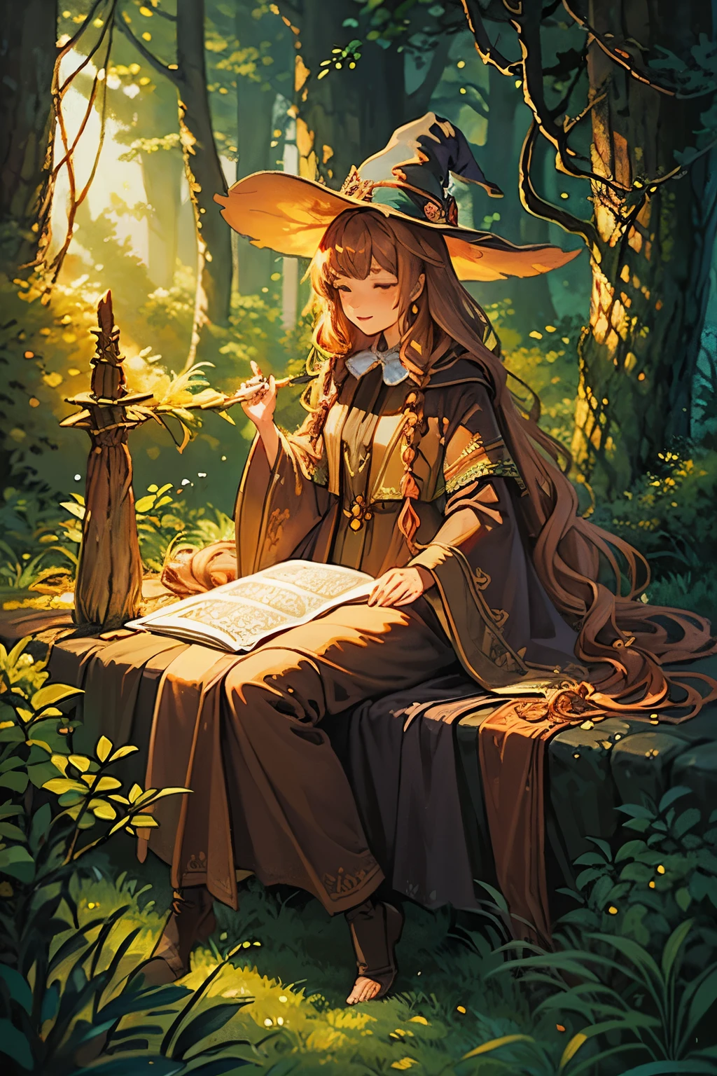 young female, witch, long straight wooden wizard staff in one hand, brown witch robe, enchanting and dreamy scene of a fantasy forest, dense forest, pastel colors, oil painting, sense of enchantment, smiling, particles of light, curly copper hair, light brown fur cloak, large black cat sleeping by feet, brown witch hat