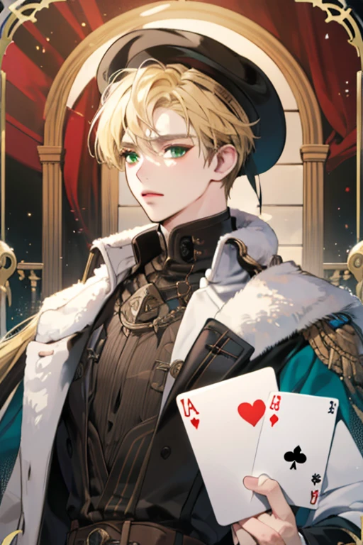 best face, blond hair, Clear eyes, suit, overcoat, Fyodor's hat, average hair length, green colored eyes, Medieval times, card player, casino, in full height