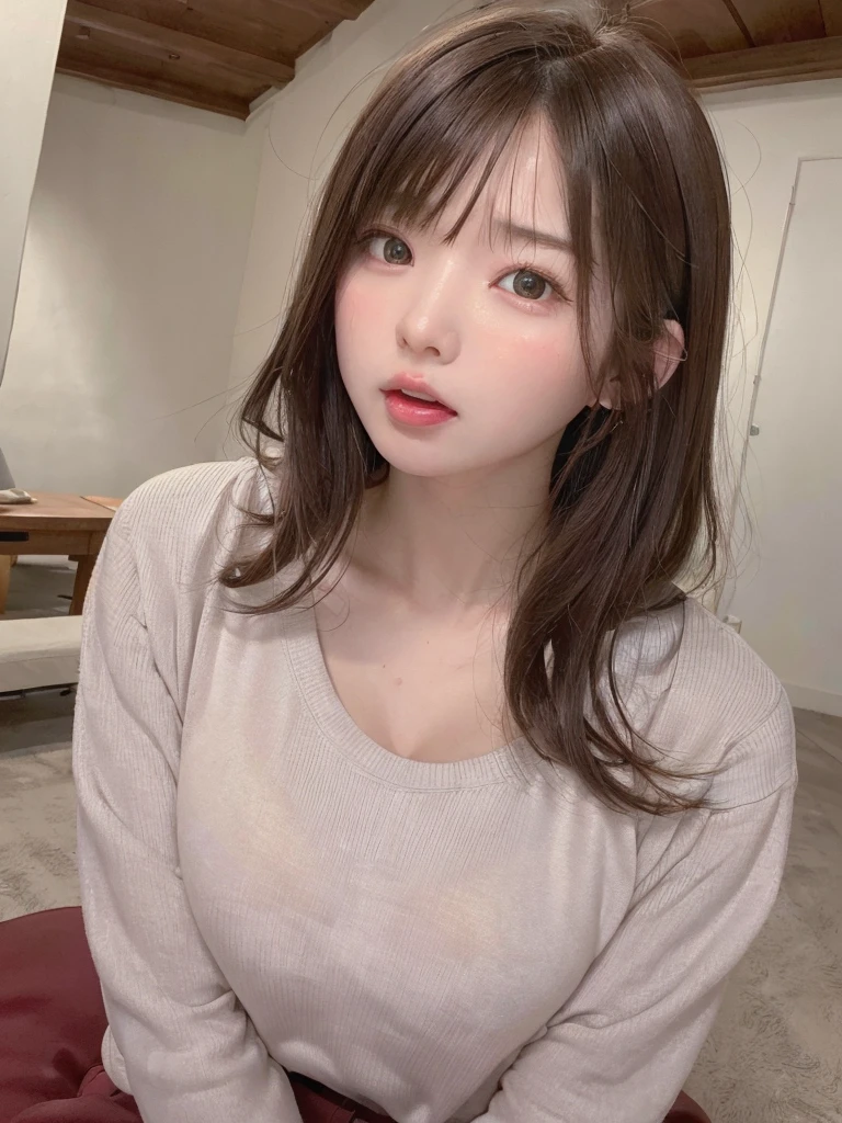 ((8k, RAW Photo, Best Quality, Masterpiece: 1.3),((highest quality)), ((masterpiece)), ((Perfect Face))、21 years old,、Brown Hair、orgasm、blushed、Sweaty all over、Ahegao、Sweatshirts、Sweat pants、at home、Open your mouth wide、Sticking out tongue、Close ~ eyes、On knees、Looking into the camera from below、The camera is angled from the ceiling.、