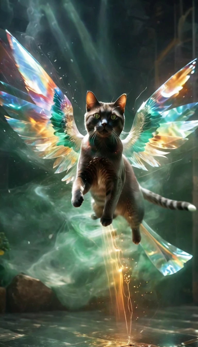 1cat，blingbling，The upper body of a cat flies out of the prism，transmit，Motion blurred，triangle，Movie-level lighting effects，close up，detailed face，jade