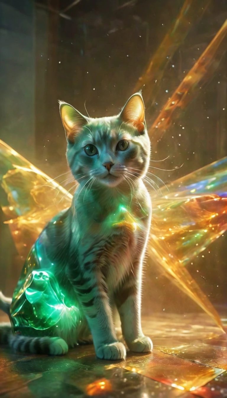 1cat，blingbling，The upper body of a cat flies out of the prism，transmit，Motion blurred，triangle，Movie-level lighting effects，close up，detailed face，jade