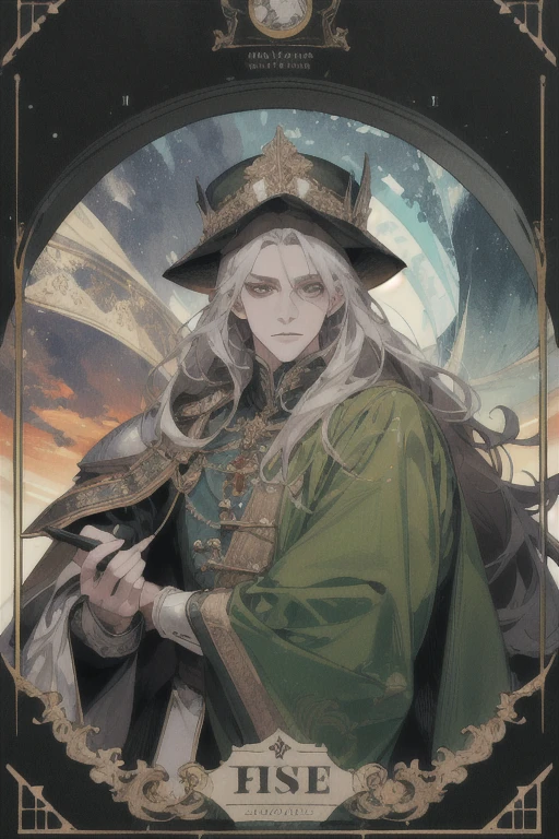 Melhor rosto, cabelo loiro, olhos limpos, terno, sobretudo, Fyodor's Hat, Average hair length, olhos de cor verde, tempos medievais, jogador de cartas, cassino, em plena altura