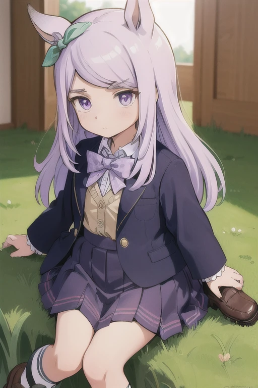 McQueen Chan,Mejiro McQueen (umamusume),Very young ,kinisergartener,Little,Horse&#39;s ears,Light purple hair,Costumes,frilleis_shirt,blazer,pleineis_skirt,bow tie,shoes,shoes下,Looking_in_Audience,:is,running,