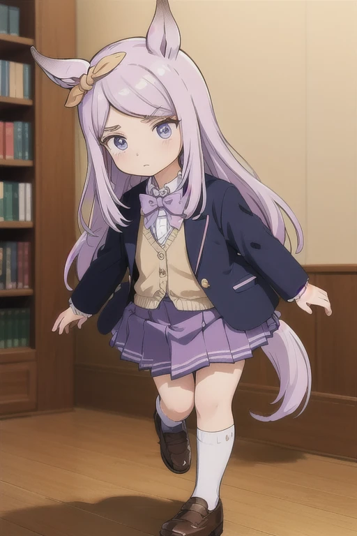 McQueen Chan,Mejiro McQueen (umamusume),Very young ,kinisergartener,Little,Horse's ears,Light purple hair,Costumes,frilleis_shirt,blazer,pleineis_skirt,bow tie,shoes,shoes下,Looking_in_Audience,:is,running,
