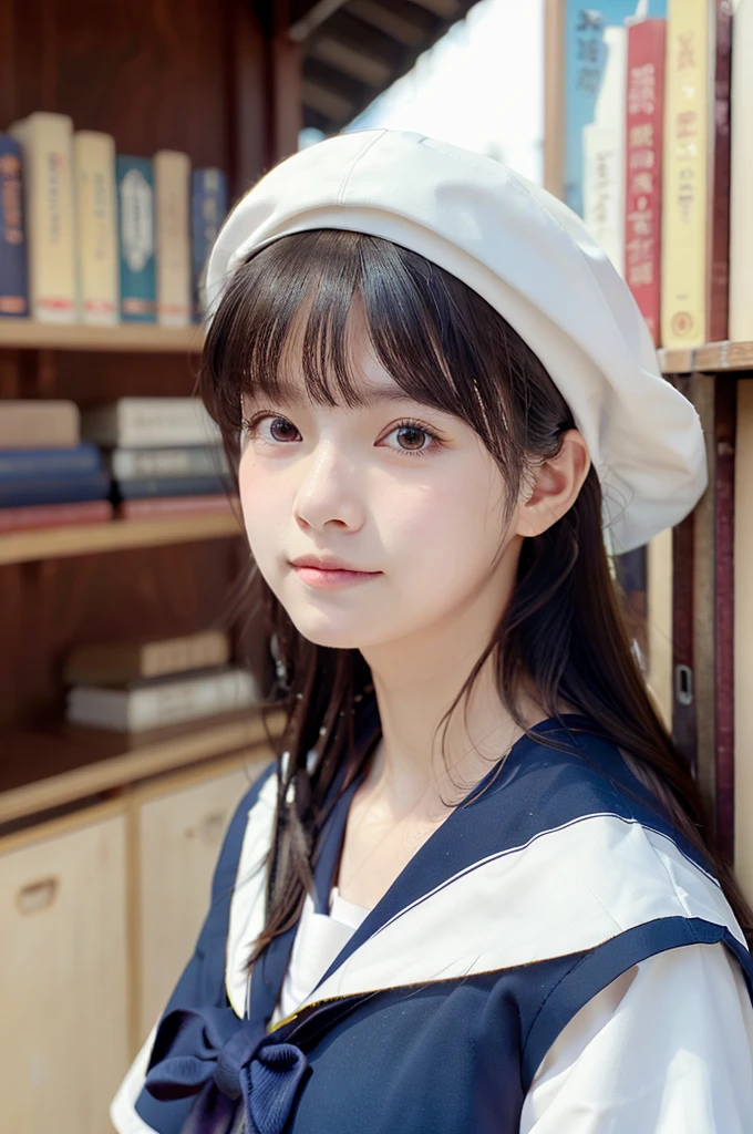beautiful detail, best quality, 8k, highly detailed face and skin texture, high resolution, cute japanese in sailor suit at library, sharp focus
