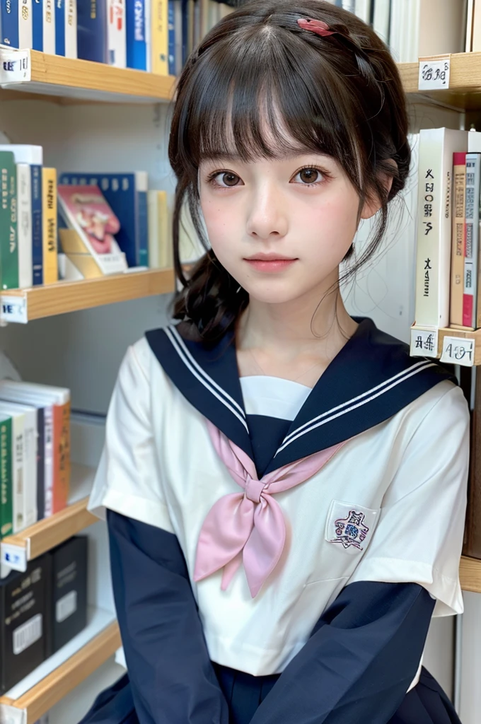 beautiful detail, best quality, 8k, highly detailed face and skin texture, high resolution, cute japanese in sailor suit at library, sharp focus
