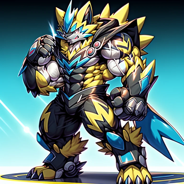 (Pokémon) Zeraora's giant robot. big muscle. GIANT. pecs, triceps, traps, waist narrow. body full of huge muscles. 
He wears a black cloak on his back. The cloak is so long that it touches the ground, The claws are sharp, Sharp teeth, Protecting Zeraora's design and color scheme. Wearing cyberpunk mecha, Its full plate armor emphasizes the muscles. He wears the same armor as himself from head to foot. unusually developed muscular body, (Pokémon) A Zeraora at the bodybuilding competition, massive, huge muscular bodybuilder with extraordinary biceps, pecs, triceps, traps, gigachad, 300 lbs.