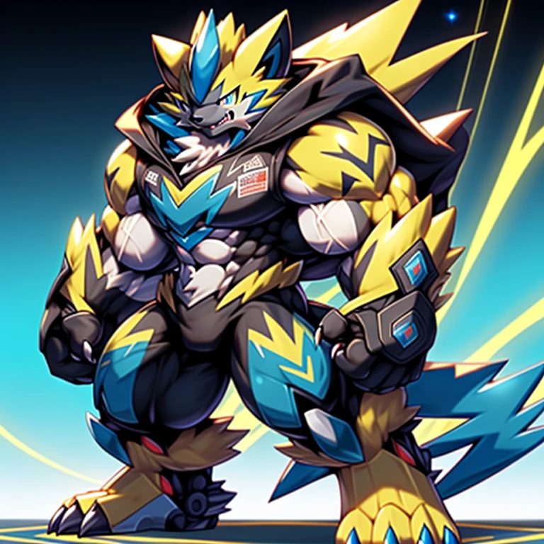 (Pokémon) Zeraora's giant robot. big muscle. GIANT. pecs, triceps, traps, waist narrow. body full of huge muscles. 
He wears a black cloak on his back. The cloak is so long that it touches the ground, The claws are sharp, Sharp teeth, Protecting Zeraora's design and color scheme. Wearing cyberpunk mecha, Its full plate armor emphasizes the muscles. He wears the same armor as himself from head to foot. unusually developed muscular body, (Pokémon) A Zeraora at the bodybuilding competition, massive, huge muscular bodybuilder with extraordinary biceps, pecs, triceps, traps, gigachad, 300 lbs.