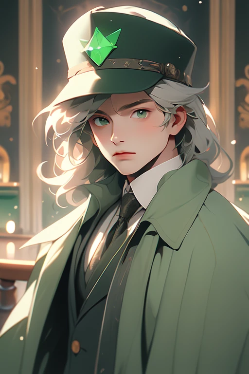 best face, blond hair, Clear eyes, suit, overcoat, Fyodor's hat, average hair length, green colored eyes, Medieval times, card player, casino, in full height