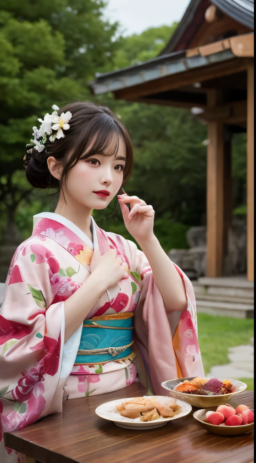 Tabletop, highest quality, figure, Very detailed, In detail, High resolution, 8k wallpaper, Perfect dynamic composition, kimono、Flower Hair Ornaments、shrine、Cute pose、
