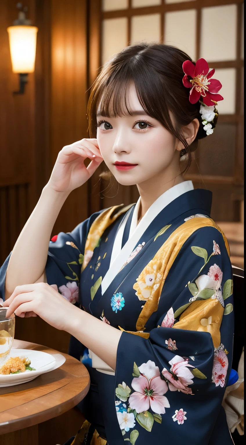 Tabletop, highest quality, figure, Very detailed, In detail, High resolution, 8k wallpaper, Perfect dynamic composition, kimono、Flower Hair Ornaments、shrine、Cute pose、