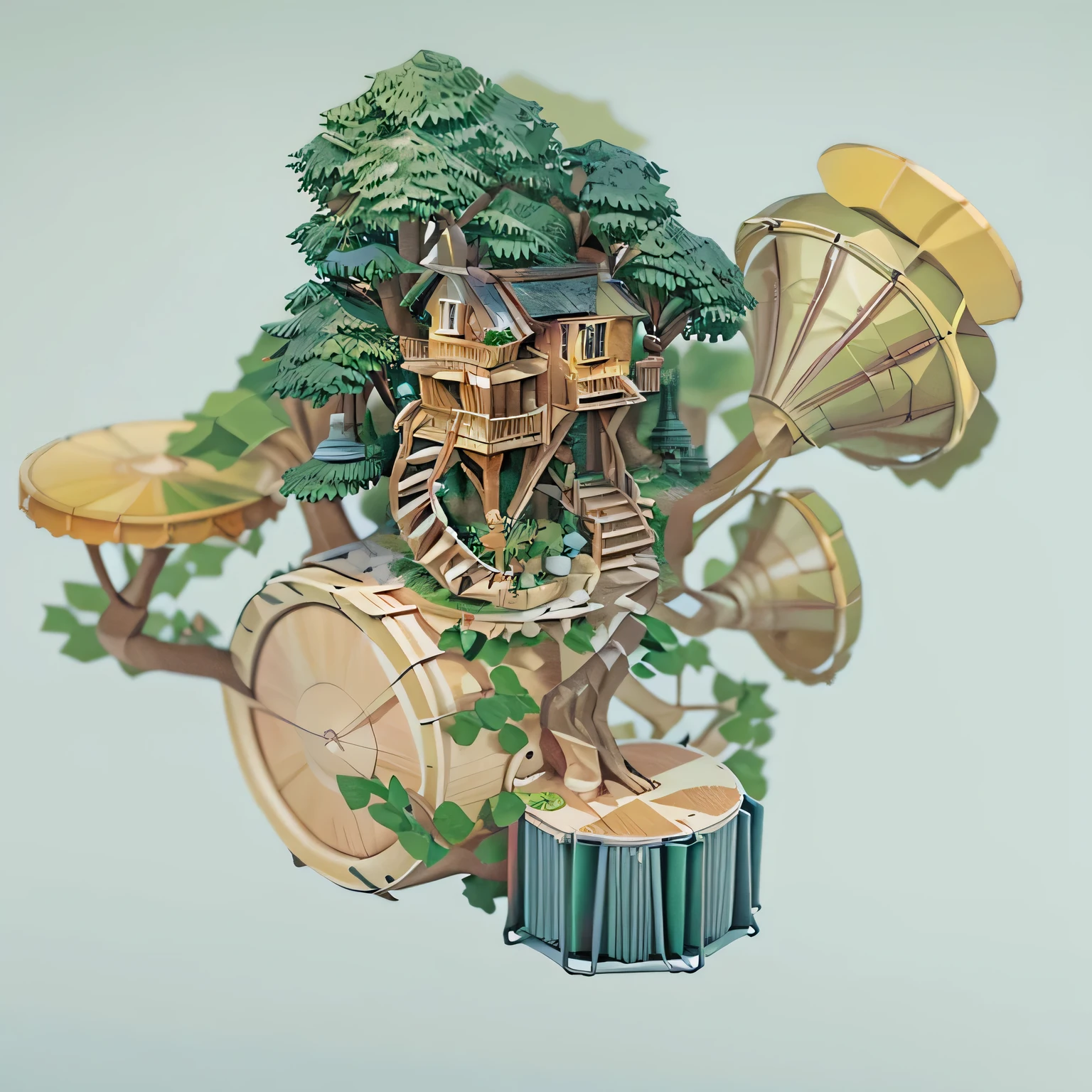 (masterpiece), (best quality), (illustration), (Ultra Detailed), (high resolution), absurd, Miniature Scene，Drum set，Phonograph Speaker，tree house，shrub，forest