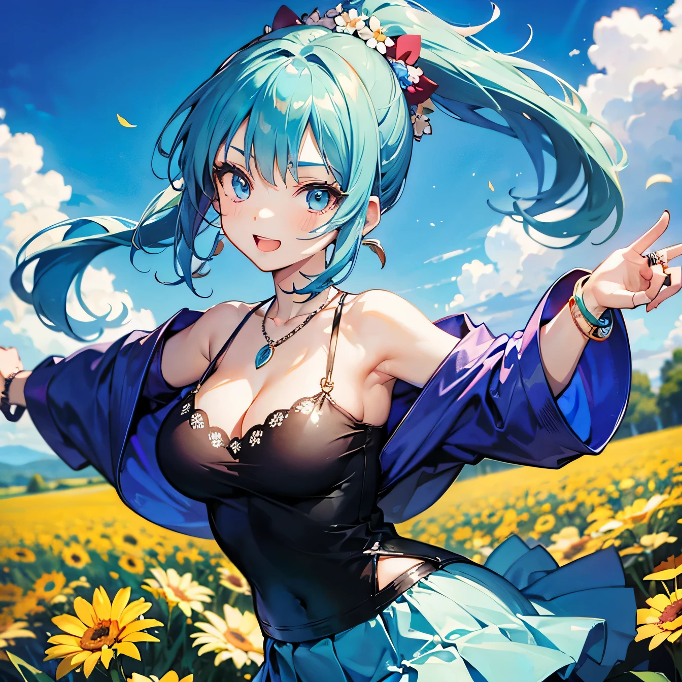 Anime Moe Art Style,highest quality,High resolution,Anatomically correct,One Girl,-teegirl with light blue hair in a ponytail,Super detailed,off shoulder tops,mini skirt,Big Breasts,Cleavage,looking at the camera,Beautiful woman looking back,Active,Bright smile,Spread your arms wide to the sides、Spinning around,A rich expression,Eyes drawn in detail,necklace,ring,hair ornaments,bracelet,Daytime flower field background,8K