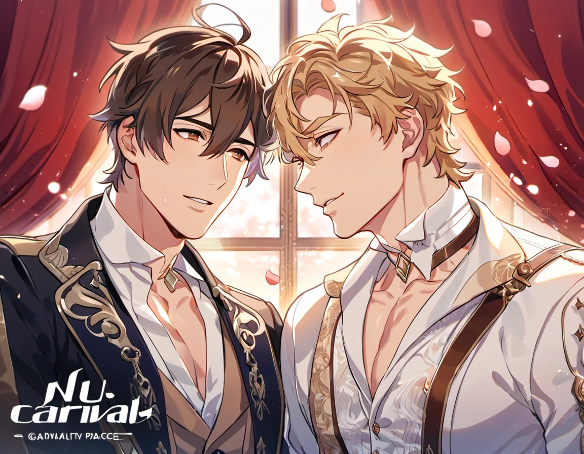 absurdres, highres, ultra detailed, HDR, master piece, best quality, Eiden, brown hair, expressive brown eyes, Nu Carnival, Quincy, blond messy hair, expressive amber eyes, two men together, gay couple, handsome, fantasy black and white clothes, red curtains, window, petals