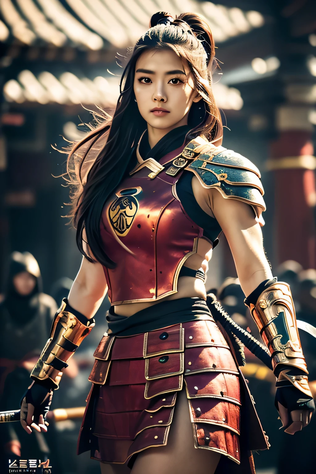 ulzzang-6500-v1.1,(Masterpiece, BestQuality:1.3),(Top image quality,8K,masterpiece:1.3),Realistic high-quality photos, Cinematic Light, Photorealistic, Super beauty、(femele ninja:1.3), Extremely agile warrior, fitness, fight actions, intricate-detail, Red Ninja Costume, two swords, Japanese 20 year old girl, (Large Brest:1.3)