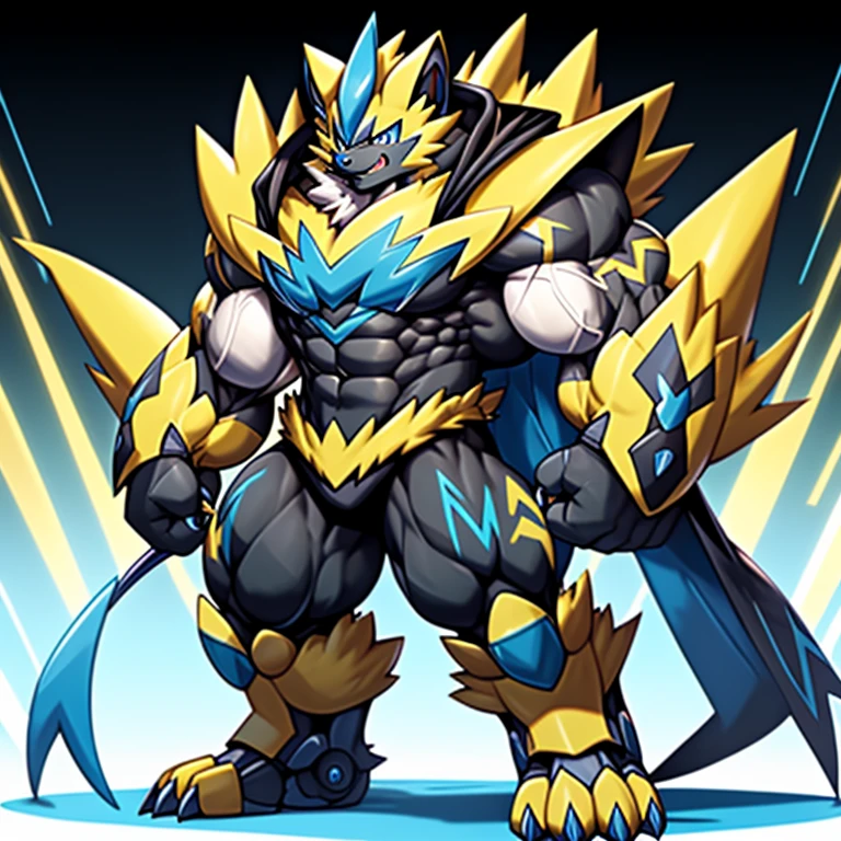 (Pokémon) Zeraora's giant robot. big muscle. GIANT. pecs, triceps, traps, waist narrow. body full of huge muscles.
He wears a black cloak on his back. The cloak is so long that it touches the ground, The claws are sharp, Sharp teeth, Protecting Zeraora's design and color scheme. Wearing cyberpunk mecha, Its full plate armor emphasizes the muscles. He wears the same armor as himself from head to foot. unusually developed muscular body, (Pokémon) A Zeraora at the bodybuilding competition, massive, huge muscular bodybuilder with extraordinary biceps, pecs, triceps, traps, gigachad, 300 lbs.