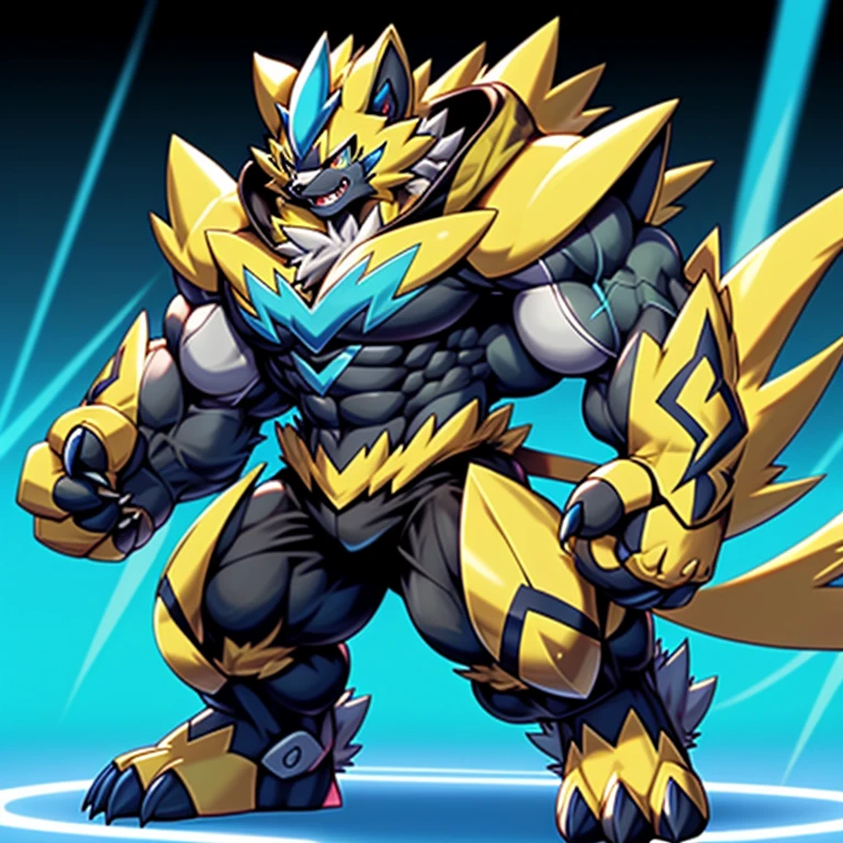 (Pokémon) Zeraora's giant robot. big muscle. GIANT. pecs, triceps, traps, waist narrow. body full of huge muscles.
He wears a black cloak on his back. The cloak is so long that it touches the ground, The claws are sharp, Sharp teeth, Protecting Zeraora's design and color scheme. Wearing cyberpunk mecha, Its full plate armor emphasizes the muscles. He wears the same armor as himself from head to foot. unusually developed muscular body, (Pokémon) A Zeraora at the bodybuilding competition, massive, huge muscular bodybuilder with extraordinary biceps, pecs, triceps, traps, gigachad, 300 lbs.