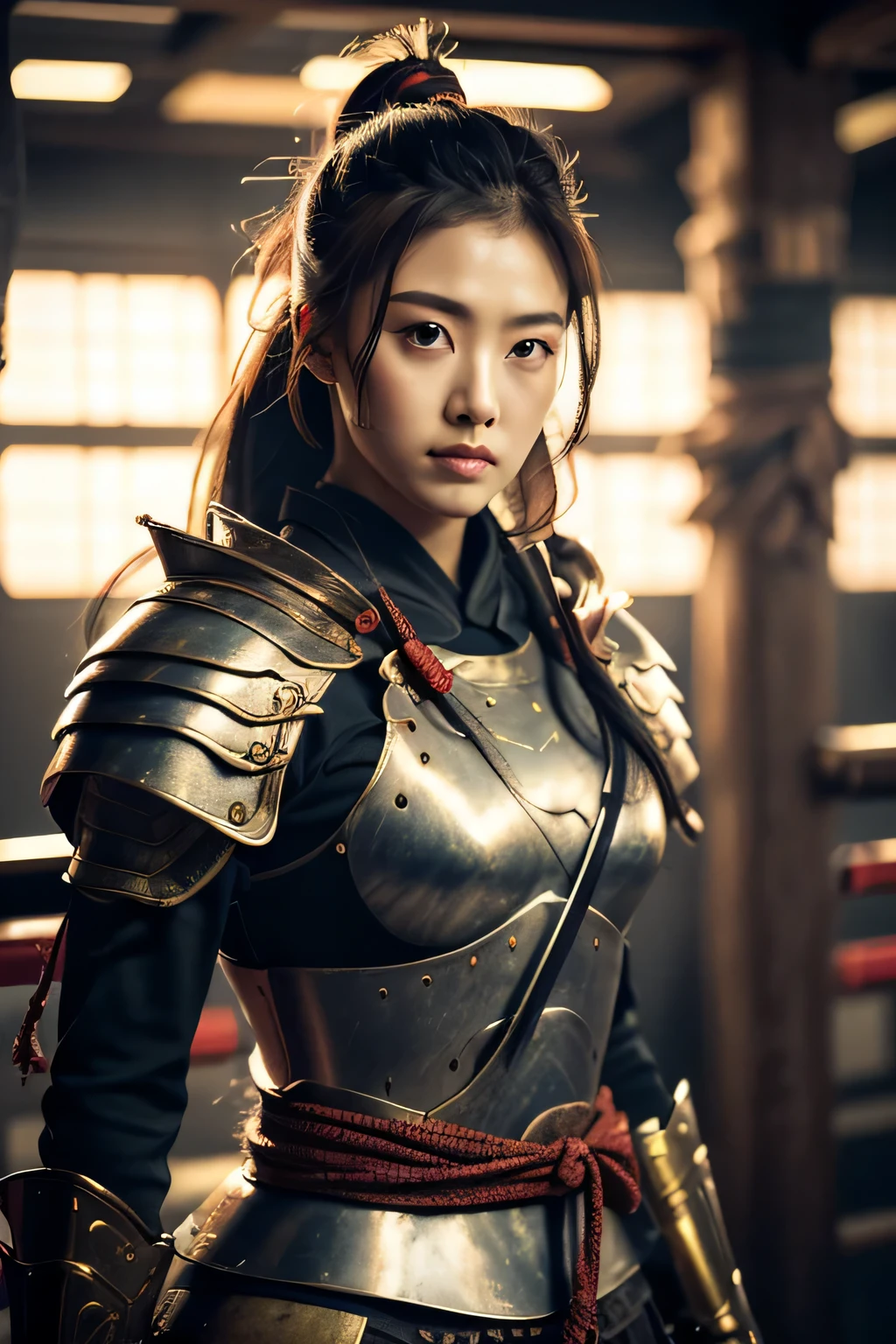 ulzzang-6500-v1.1,(Masterpiece, BestQuality:1.3),(Top image quality,8K,masterpiece:1.3),Realistic high-quality photos, Cinematic Light, Photorealistic, Super beauty、(femele ninja:1.3), Extremely agile warrior, fitness, fight actions, intricate-detail, Red Ninja Costume, two swords, Japanese 20 year old girl, (Large Brest:1.3)