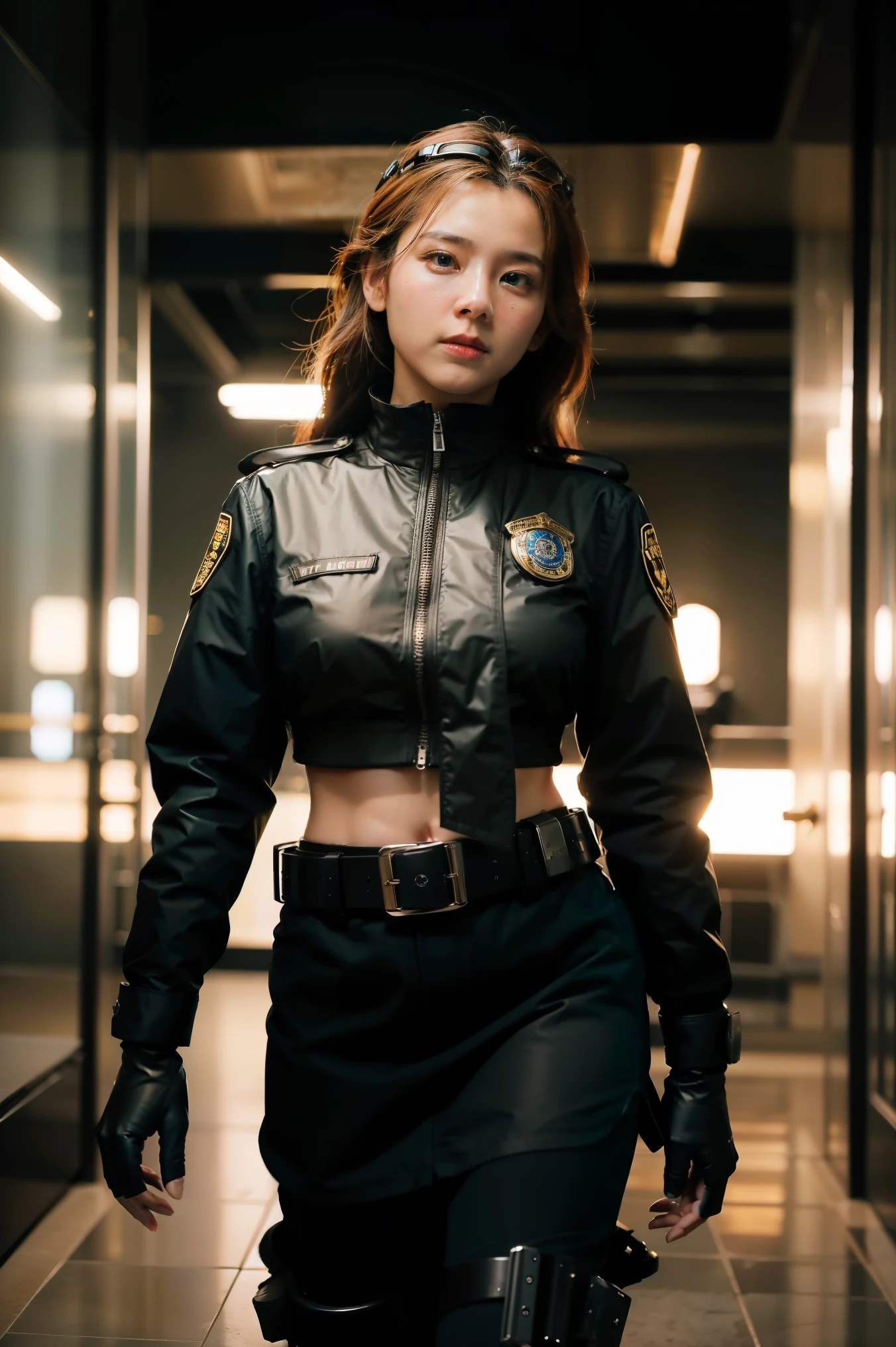 there is a woman standing in front of a group of robots, steampunk male portrait, compositing, beautiful android woman, stormy and grand war scene, inspired by Richard Avedon, a black dieselpunk policewoman, redhead woman, girl in suit, intricate fashion clothing, beautiful female soldier  