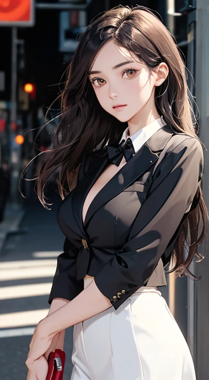 ((Best quality, 8k, Masterpiece :1.3)), Sharp focus :1.2, A pretty woman with perfect figure :1.4, Slender abs :1.2, ((long hair , Big breasts :1.2)), (Blazer over very thin white button up shirt :1.1), City street:1.2, Highly detailed face and skin texture, Detailed eyes, Double eyelid, golden eyes, gorgeous , tube tops and suits 