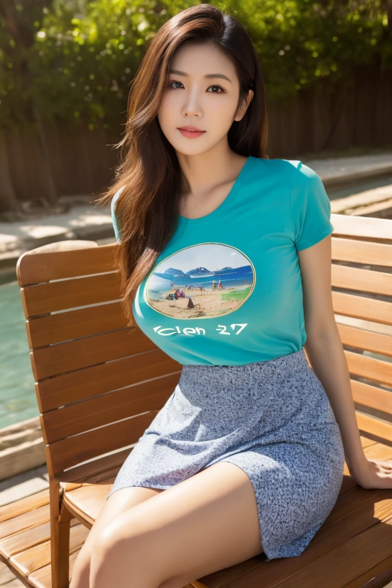 40 year old mature Taiwanese woman,Height 175 cm,Single eyelid,Round Face,cosmetic,Brown short hair,See-through sexy T-shirt,Large sagging breasts,,Pleated Skirt , Practical,beach,Look at the audience,whole body,Lounge Chair