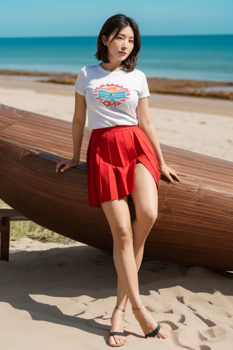 40 year old mature Taiwanese woman,Height 175 cm,Single eyelid,Round Face,cosmetic,Brown short hair,See-through sexy T-shirt,Large sagging breasts,,Pleated Skirt , Practical,beach,Look at the audience,whole body,Lounge Chair