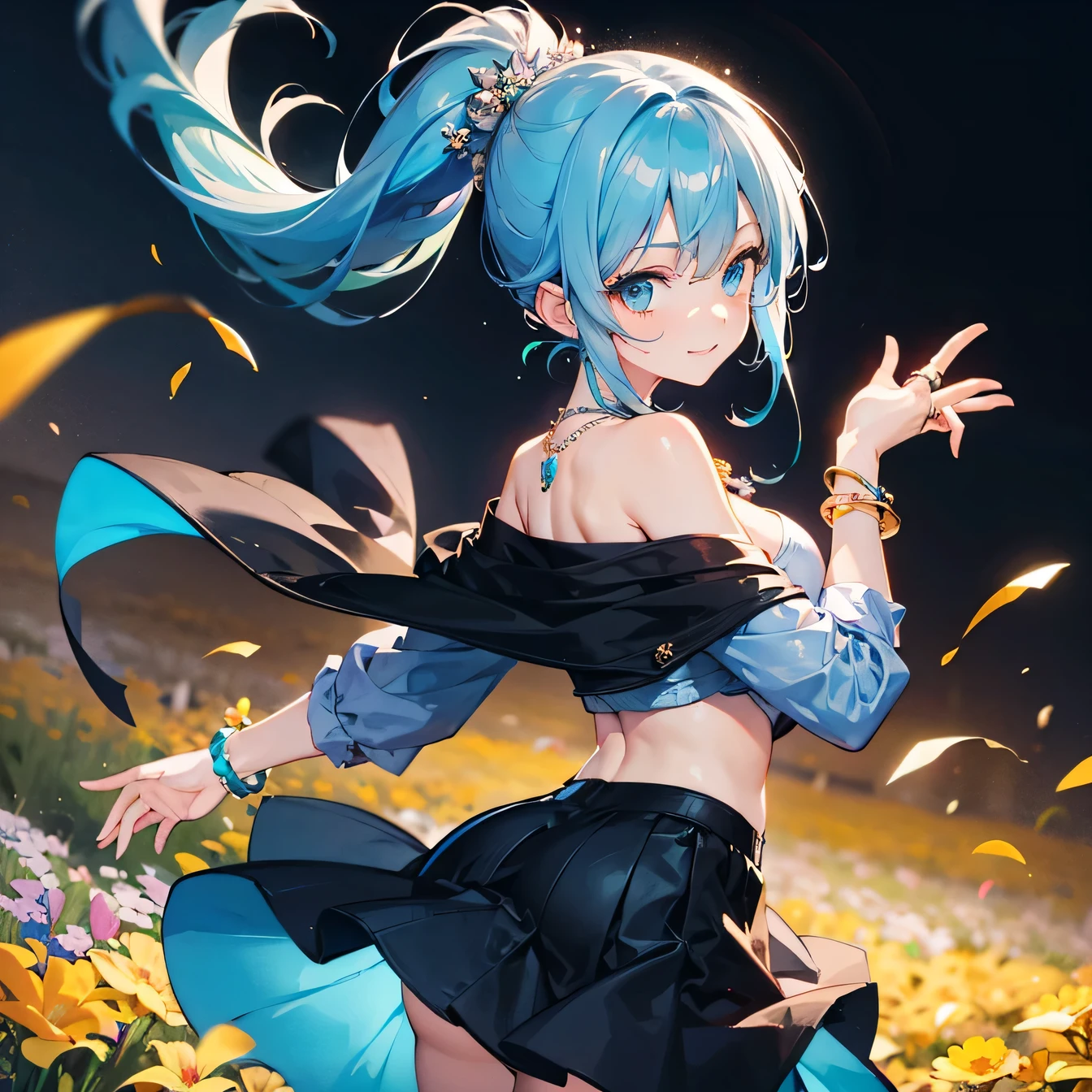 Anime Moe Art Style,highest quality,High resolution,Anatomically correct,One Girl,Mid-teens,A girl with light blue hair in a ponytail,Super detailed,off shoulder tops,mini skirt,Big Breasts,Cleavage,looking at the camera,Beautiful woman looking back,Active,Bright smile,Spread your arms wide to the sides、Spinning around,A rich expression,Eyes drawn in detail,necklace,ring,hair ornaments,bracelet,Daytime flower field background,8K