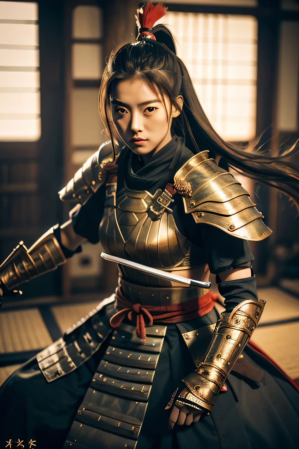 ulzzang-6500-v1.1,(Masterpiece, BestQuality:1.3),(Top image quality,8K,masterpiece:1.3),Realistic high-quality photos, Cinematic Light, Photorealistic, Super beauty、(femele ninja:1.3), Extremely agile warrior, fitness, fight actions, intricate-detail, Red Ninja Costume, two swords, Japanese 20 year old girl, (Large Brest:1.3)