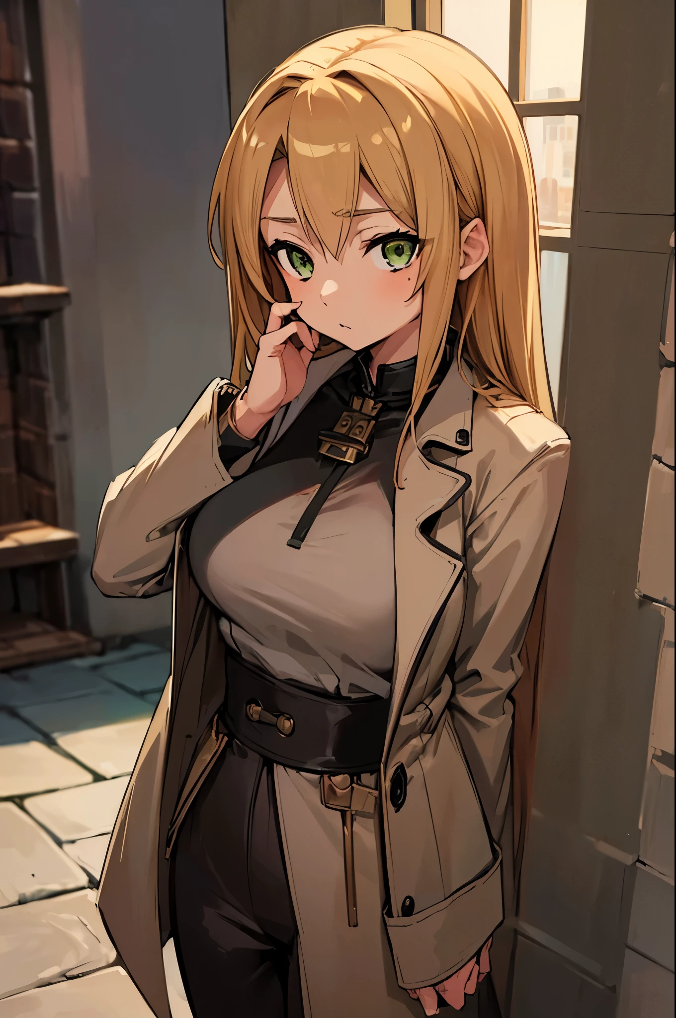 (masterpiece, best quality:1.2), expressive eyes, perfect face, highres, 1girl, solo, (female:1.5),rudeus_greyrat, green eyes, blonde hair, long hair, brown coat, brown pants, standing, upper body, looking at the viewer