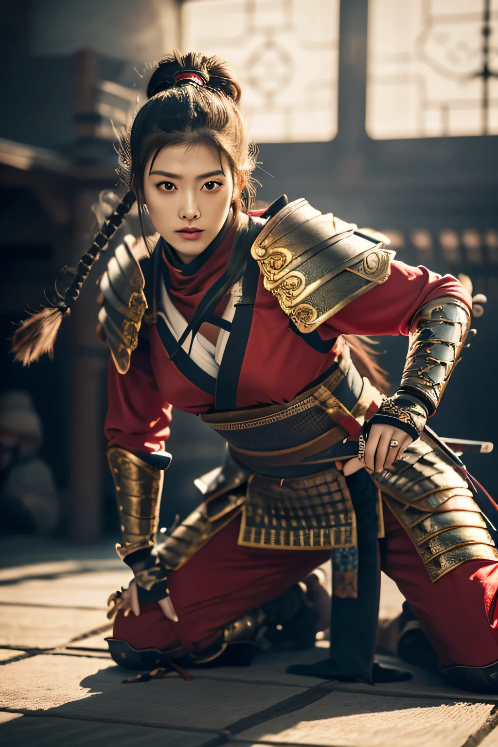 ulzzang-6500-v1.1,(Masterpiece, BestQuality:1.3),(Top image quality,8K,masterpiece:1.3),Realistic high-quality photos, Cinematic Light, Photorealistic, Super beauty、(femele ninja:1.3), Extremely agile warrior, fitness, fight actions, intricate-detail, Red Ninja Costume, two swords, Japanese 20 year old girl, (Large Brest:1.3)