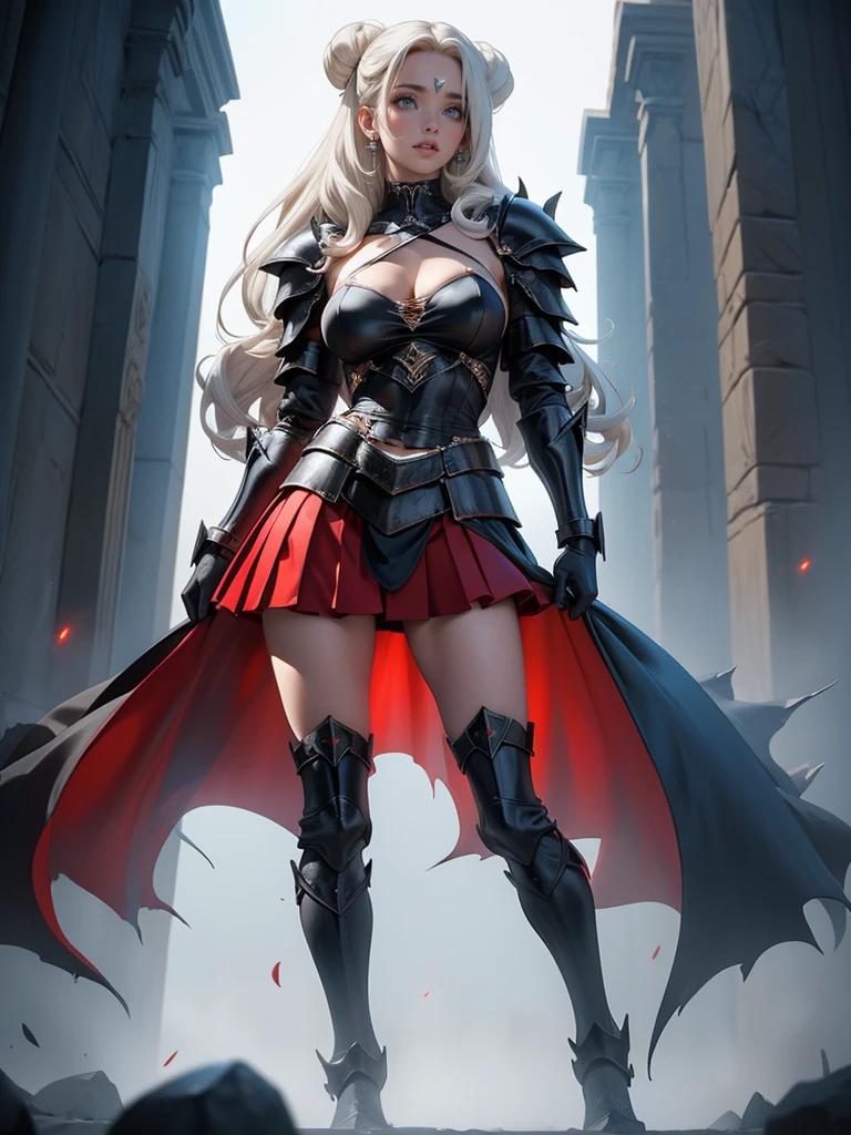 Voluptuous, Busty Blonde Female Dark Knight in ((((Black Full Plate Metal)) Bikini Armor)), Red Eyes, Thigh high Full Metal Plate Armored Boots. (((Full Body View))), Long hair, Messy bun, Wielding a Black Great Sword, (Red Cloak), (Red Pleated Skirt), detailed, perfect makeup, beautiful lips, large hoop earrings, (METAL bikini armor), No Helmet, (No Spikes), Tall girl, Long legs, (Solo, 1girl)