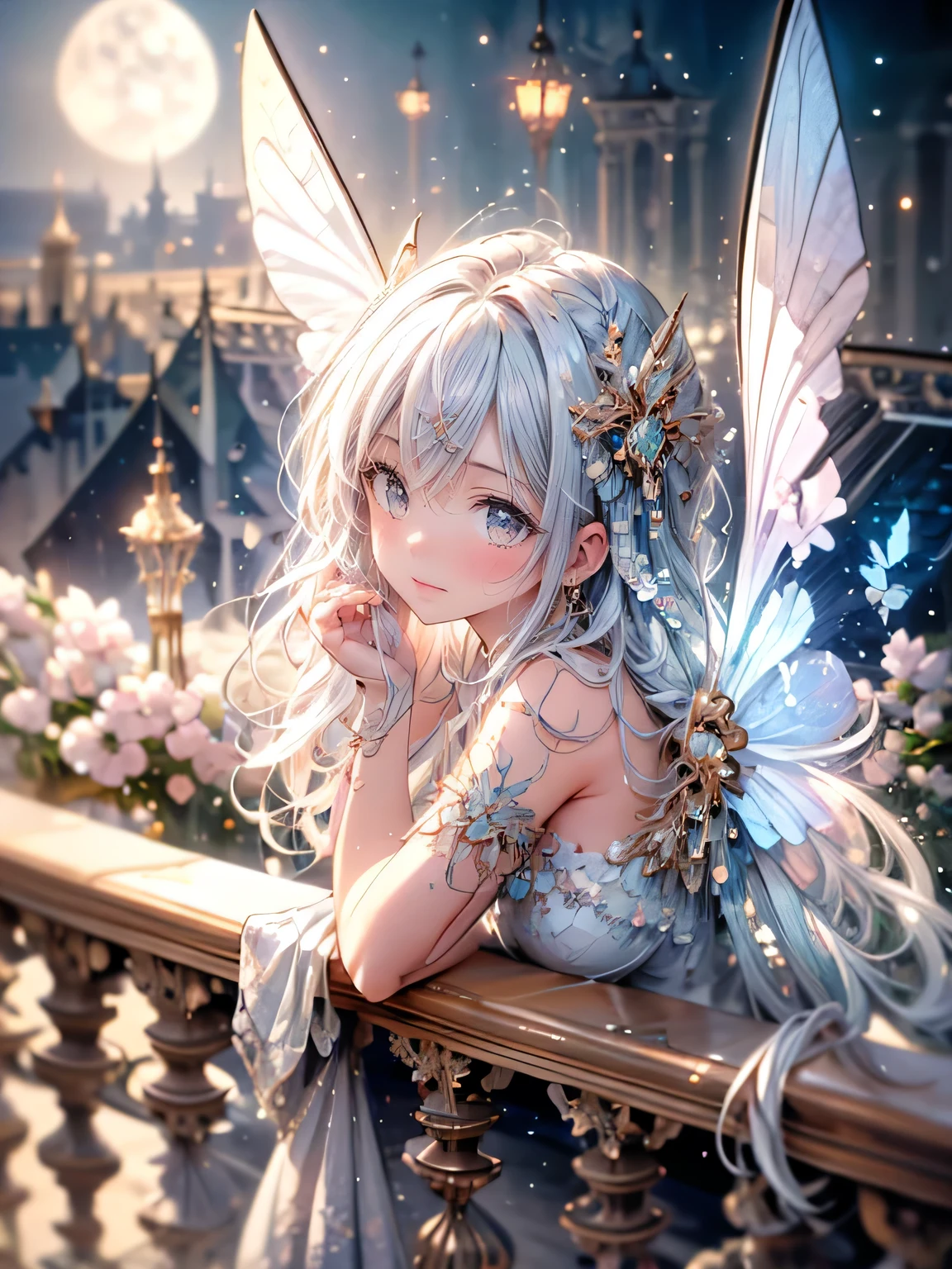masterpiece, highest quality, 8k, highres, beautiful highest details, old castle balcony,  moon light, butterfly spirit, sheer dress, bare shoulder, strapless, tears, rainbow butterfly wings, flying sky, butterfly tattoo, 