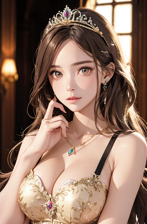 Princess , in castle , detailed hand , high quality, super quality, detailed face, beautiful woman , golden eyes, long hair , mega breast , gorgeous dress, tiara, necklace , earring , sharpe eyebrow , blonde hair 