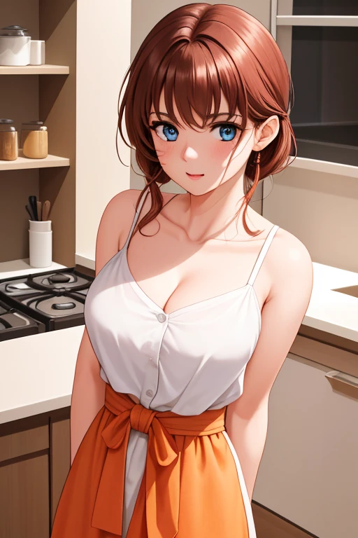 indoor, In the kitchen,
Standing on the floor,
apron, clavicle, (黄color_shirt),
bangs, Brown Hair, blue eyes,Single Blade, Orange hair ribbon, 
1 girl, 20 years,young woman,beautiful Finger,beautiful long legs,beautiful body,beautiful Nose,beautiful character design, Perfect Eyes, perfect face,Expressive eyes,
View your viewers, Center the image,(upper_body),(Focus on her face),
Official Art,Very detailed CG ユニティ 8k 壁紙, Perfect lighting,colorful, bright_front_face_Lighting,Shiny skin,
(masterpiece:1.0),(Highest_quality:1.0), 超High resolution,4K,Very detailed,
photograph, 8k, High resolution, High resolution, Absurd:1.2, Kodak Portrait 400, Film Grain, Blurred Background, Bokeh:1.2, Lens flare, (Vibrant_color:1.2)
(beautiful,chest), (beautiful_face:1.5),(narrow_Waist),