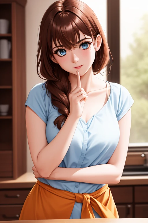 indoor, In the kitchen,
Standing on the floor,
apron, clavicle, (黄color_shirt),
bangs, Brown Hair, blue eyes,Single Blade, Orange hair ribbon, 
1 girl, 20 years,young woman,beautiful Finger,beautiful long legs,beautiful body,beautiful Nose,beautiful character design, Perfect Eyes, perfect face,Expressive eyes,
View your viewers, Center the image,(upper_body),(Focus on her face),
Official Art,Very detailed CG ユニティ 8k 壁紙, Perfect lighting,colorful, bright_front_face_Lighting,Shiny skin,
(masterpiece:1.0),(Highest_quality:1.0), 超High resolution,4K,Very detailed,
photograph, 8k, High resolution, High resolution, Absurd:1.2, Kodak Portrait 400, Film Grain, Blurred Background, Bokeh:1.2, Lens flare, (Vibrant_color:1.2)
(beautiful,chest), (beautiful_face:1.5),(narrow_Waist),