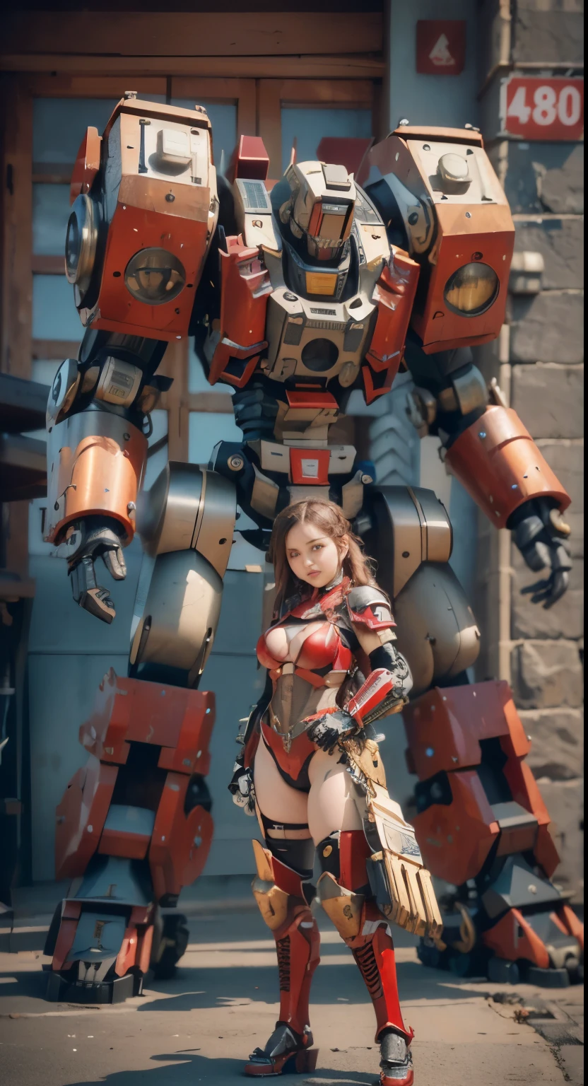 (The main subject: Wide-angle lens), salama,Singer Madonna as Marine Astartes, (Show on the(humongous large breast)Power mech) colours: red colour, (warhammer40k),Realistic metal mech,Standing in the street.(masterpiece, best quality:1.2), (8k uhd, 16k, 32k, ultra high res), (photorealistic:1.37), (RAW photo), ultimate-realistic, ultimate-realistic details, ultimate-realistic texture, ultimate-intricate details, ultimate-realistic lighting, ultimate-realistic shadow, japanese girl, ultimate-cute face, ultimate-RAW skin, ultimate-realistic eyes, (mechanical:1.4), (armor), full body, wide shot